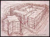 "Plan for Hitler's Coffin with Section Removed Containing Emasculated body Parts" 1992, etching with leroy lettering, ed: 18, 17-1/2" x 23-3/4"